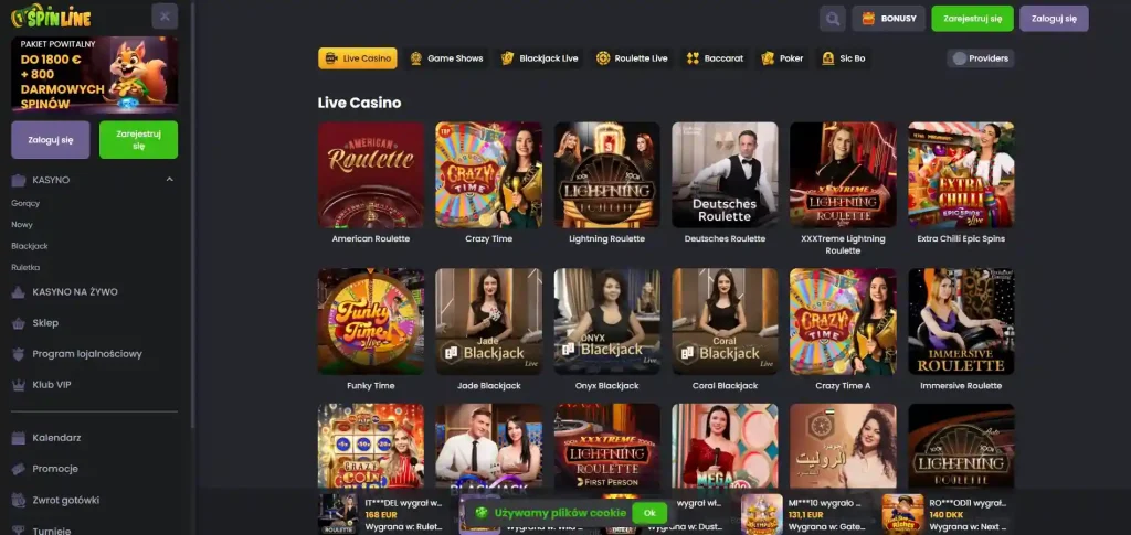 Lobby live casino Spinline z kategoriami i stołami na żywo