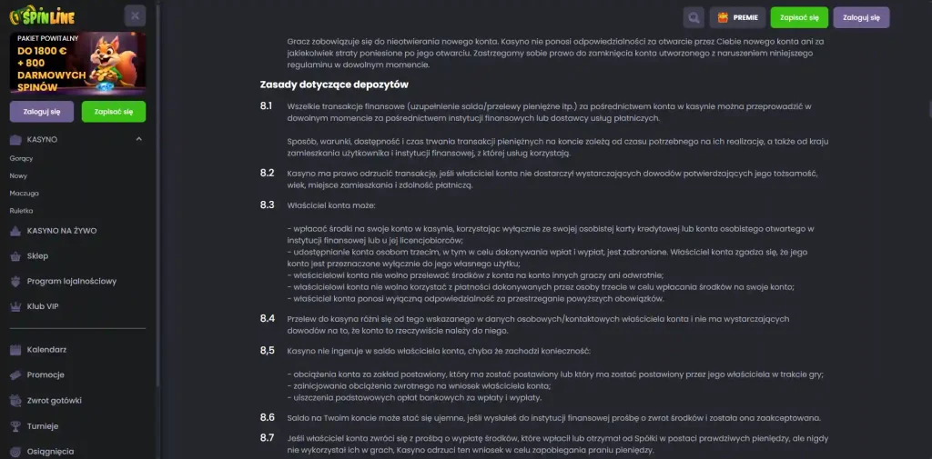 Panel płatności Spinline z dostępnymi metodami i walutą konta